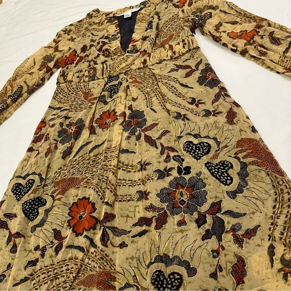 Diane Von Furstenberg Silk Brown Sheer Sleeves Knee Length Floral Dress Size 4 - Picture 4 of 13